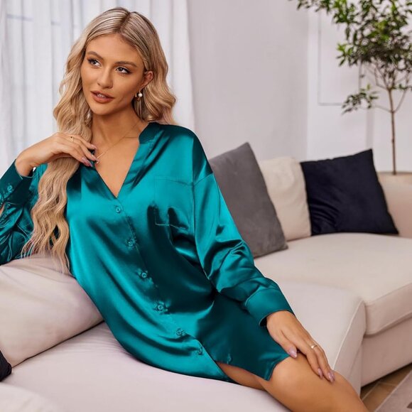 NWT EKOUAER Satin Night Sleepshirt Button-Down Pocket V-Neck Long Sleeve Blue - Picture 3 of 12